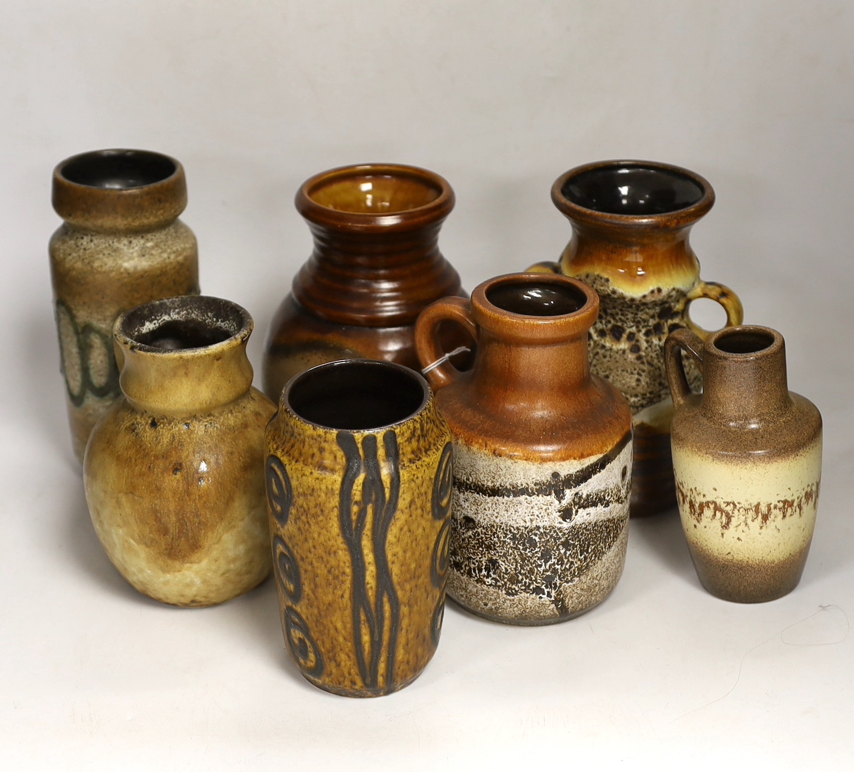 Seven West German pottery items including Scheurich and Bay vases, tallest 18cm